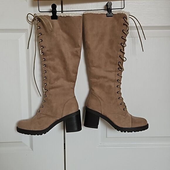 Just Fab Asher Sherpa-Lined Lace-Up Heel Boots Taupe 8.5 - Picture 3 of 16